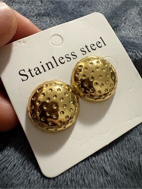 Gold Textured Dome Stud Earrings - Stainless Steel